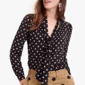 J. Crew Long-Sleeve Drapey Tie-Neck Polka Dot Blouse; Size XS
